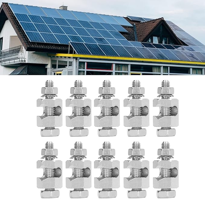 Focket 10PCS Solar Panel Photovoltaic Nut and Solar Earthing Ground Clip Cable Clamp for Bare Wire Safe On Coupling Earthing Ground Lug Cable Clamp Ground Clamp Fasteners Clip