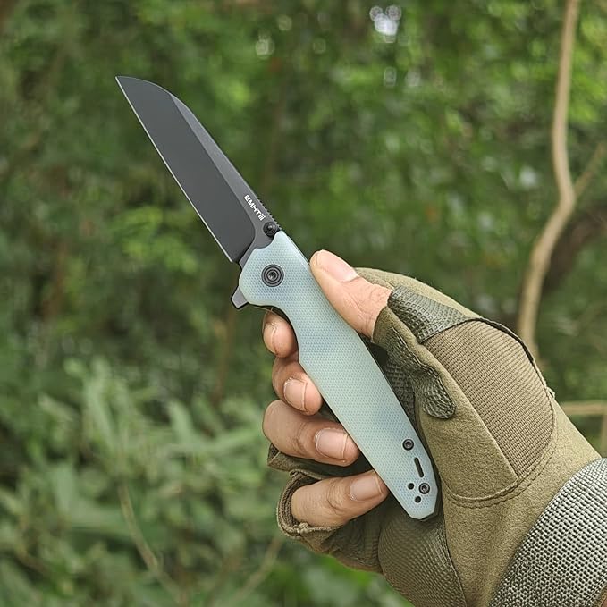 D2 Steel Folding Pocket Knife with Reversible Clip: 3.14 Black Sheepsfoot Blade Liner Lock G10 Handle Small EDC Flipper Knives Camping Tool for Man &amp Women Transparent Green