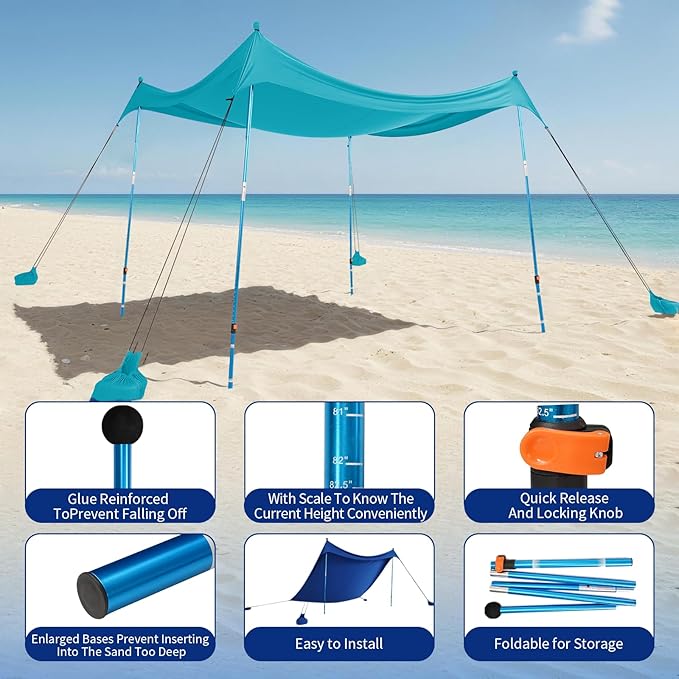 CROWN SHADES 10x10 Beach Tent Sun Shelter Easy Pop Up Beach Canopy Shade Portable Outdoor Carpas UPF50+ Includes 4 Poles Adjustable Aluminium Extra-Large Big Sand Shovel Turquoise