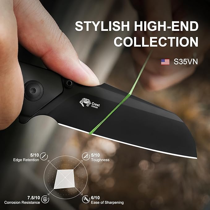 Kizer Crest Camping Folding Knives 3.05 S35VN Steel Sheepsfoot Blade Camping Knife with Black Titanium Handle Thumb Stud &amp Flipper Opener Frame Lock for Hiking Fishing Ki3714A2