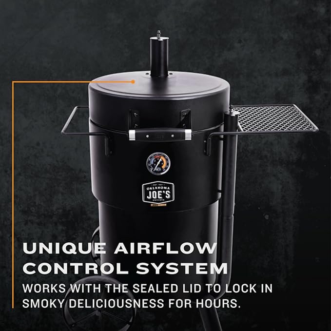 Char-Broil Oklahoma Joes Bronco Barrel Drum Smoker with Porcelain Coated Steel Air Intake Channel and 630 Square Inches Cooking Surface Black