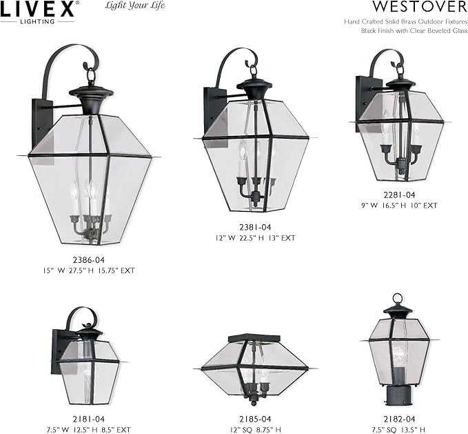 Livex Lighting 2281-04 Westover 2 Light Outdoor Black Finish Solid Brass Wall Lantern with Clear Beveled Glass