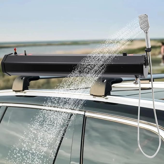 4.5/7.9 Gallon Pressurized Water Tank Camping ShowerUniversal Roof Rack Mountable Water Tank with Solar Heating &amp Detachable Nozzle for Outdoor ShowersWashing CarsHiking &amp Off-Road 18L