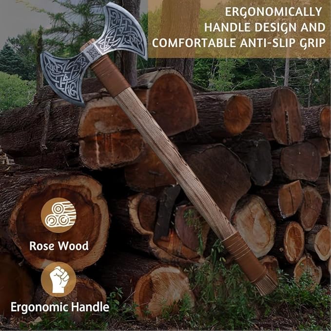 Qepaa Crafts® Custom Handmade Viking Axe Rose Wood Handle Hand Forged Carbon Steel Twin-Blade Berserker Axe for Norse Viking DecorFree Leather Sheath Gift for him