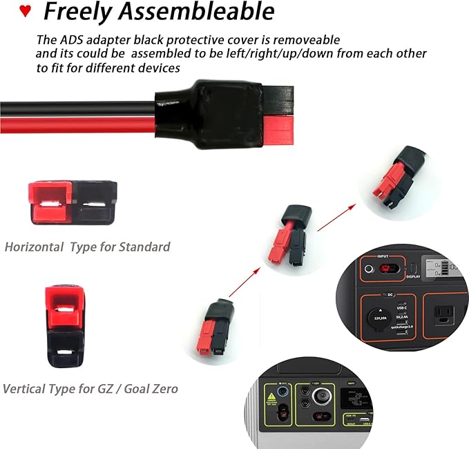 Solar Panel Kits Charge Cable Compatible with Anderson Adapter and Solar Connectors for Portable Power Stations Solar Generators (12AWG 25FT Horizontal)