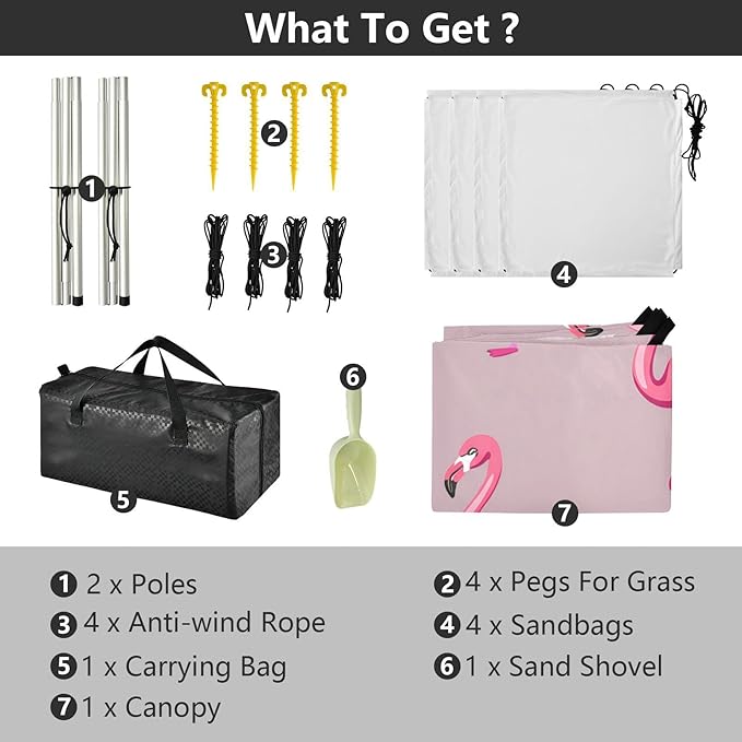 Beach Canopy with Windproof Ropes &amp Sandbags Beach Tent Sun Shade Sun Shelter for Camping Trips Fishing Backyard Fun or Picnics Flamingos