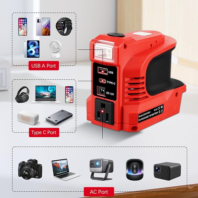 180W Power Inverter for Craftsman 20V DC 20V to AC 110-120V Battery Inverter 20 Volt Battery Powered Portable Power Source Supply Charger Adapter with USB&ampType-C&ampAC Outlet&ampLED Light