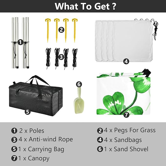 Beach Canopy with Windproof Ropes &amp Sandbags Beach Tent Sun Shade Sun Shelter for Camping Trips Fishing Backyard Fun or Picnics St. Patrick's Day Clover