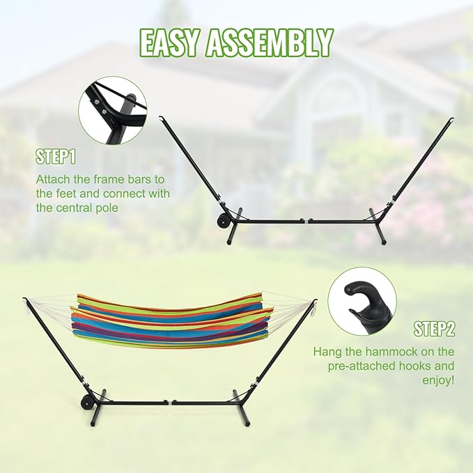 Backyard Expressions Adjustable One Size Fits All Hammock Stand with Wheels – 9FT Steel Heavy Duty Portable Frame 450 lb Capacity Easy No-Tool Assembly