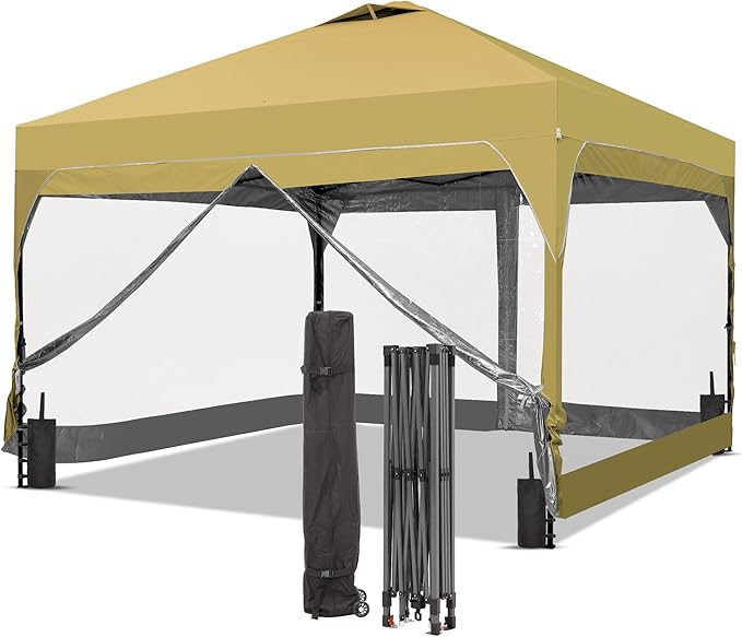 GDY 12x12 FT Pop Up Canopy Tent with One Push SetupSetup Gazebo with 4 PVC Transparent SidewallsEasy Carry for Events Parties Camping Khaki