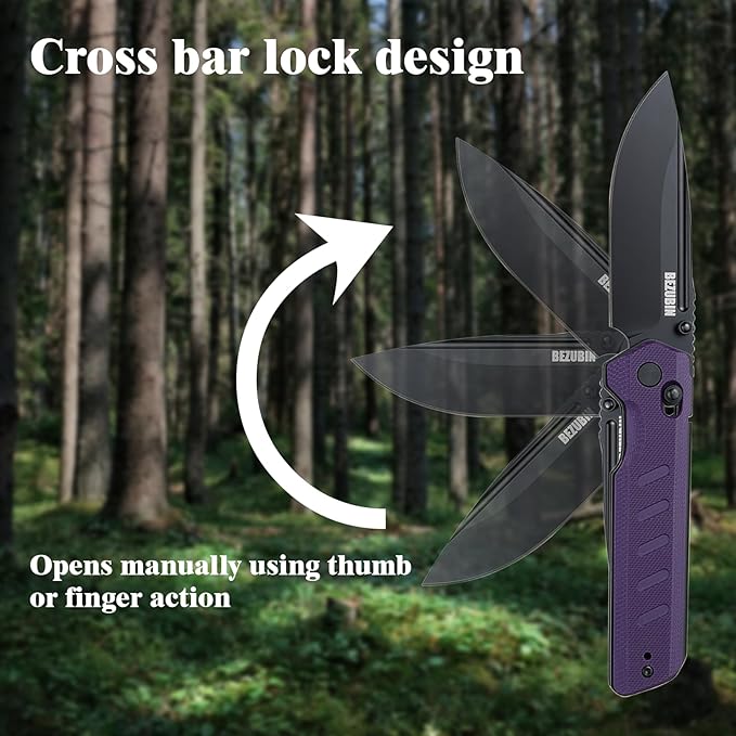 UBIN Folding Pocket Knife 3.25 VG10 Blade EDC Folding Knife with Safety Axis Lock Purple G10 Handle Hunting Camping Knife with Thumb Stud Opener