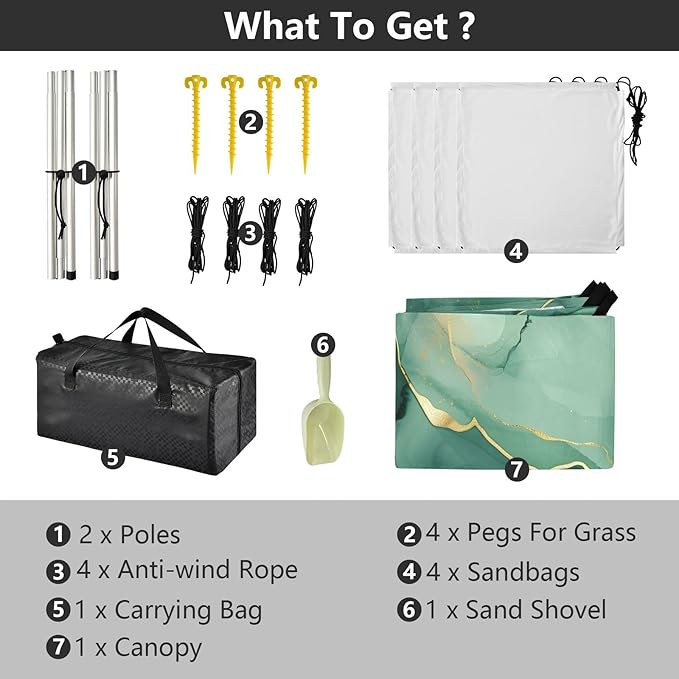 ALAZA Green Marble W/Gold Line Beach Tent Sun Shelter UPF50+ Protection Beach Shade Canopy w/ 4 Sandbags for Outdoor Camping Fishing Backyard Fun Picnic 10x9 ft