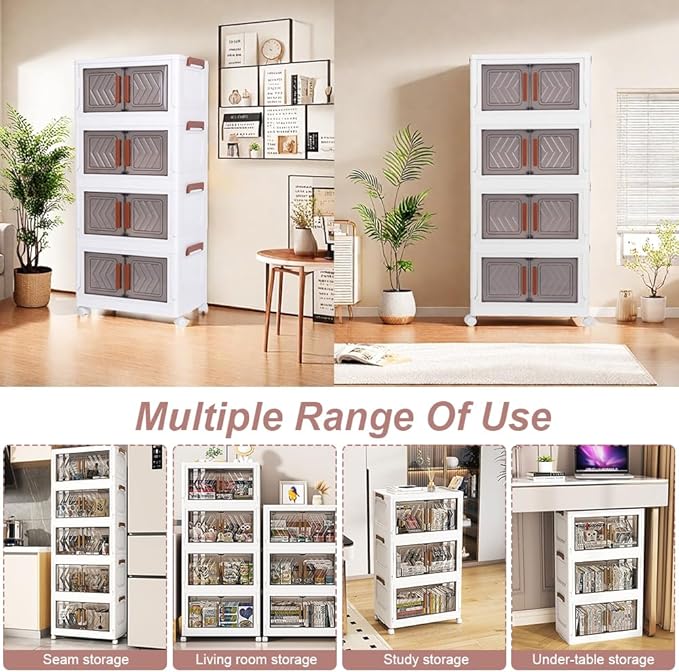 ETOYA 4-Tier Stackable Storage Bins with Lids &amp Wheels - 14.96x10.24x35.43 Collapsible Organizer Foldable Container Plastic Storage Containers for Living Room Office Dorm Organization