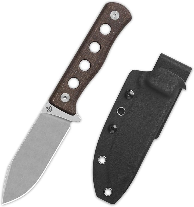 QSP Canary Fixed Blade Knife 4.25 DC53 Stonewash Blade Hunting Knives with Kydex Sheath Dark Brown Rough Micarta Handle EDC Knife for Camping Outdoor Hiking Survival