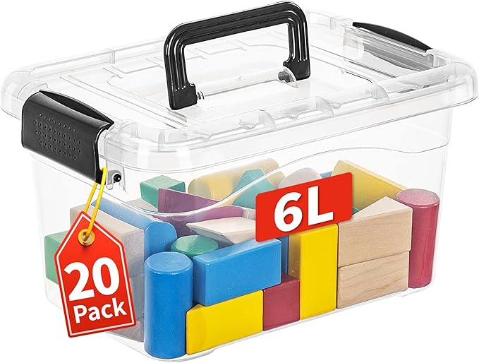 Cetomo 6Lx20 Pack Storage Boxes Storage Box with Lids and Handle for Home Dorm Office Organization Stackable Nesting Tote Container Plastic Clear 6L-20 Pack