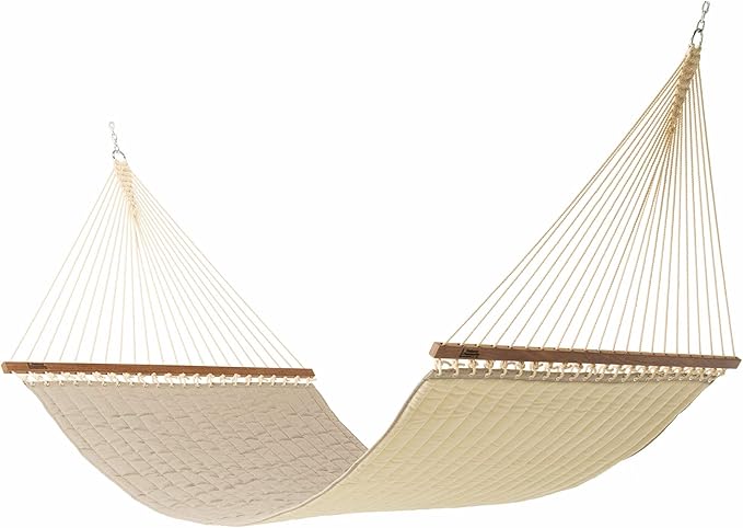 Hatteras Hammocks Large Cast Ash Sunbrella Quilted Hammock – 13 ft. x 55 in. 2-Person 450 lb Capacity Cumaru Spreader Bar Zinc-Plated Hardware – Handcrafted in The USA