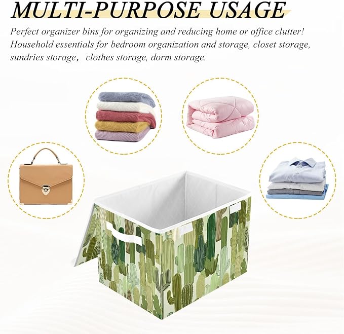 Storage Bins with Lids Storage Containers Box Organizer Bin Basket with Handles for Closet Shelves Clothes Stackable Foldable Decorative Green Line Cacti