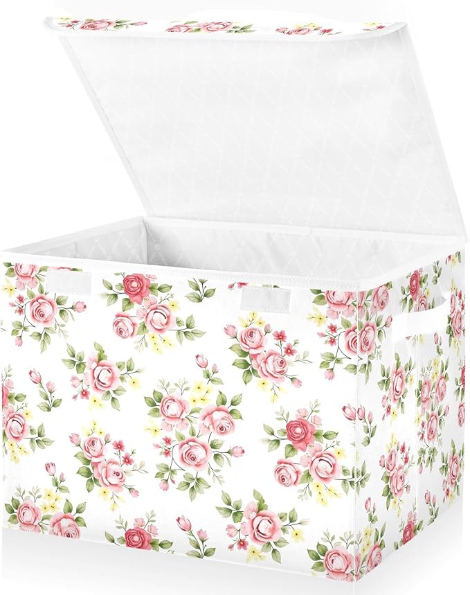 senya Flower Baskets Collapsible Storage Bins with Lids Pink Rose Flower Floral Storage Boxes Clothes Baskets for Organizing