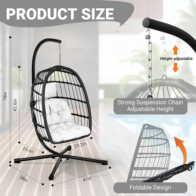 LEVELEVE Egg Chair with StandPatio Rattan Wicker Hanging Swing Egg Chair Hammock Chair for Bedroom Porch GardenThickened Aluminum Alloy Steel Frame and UV Resistant Cushion350LBS Capacity