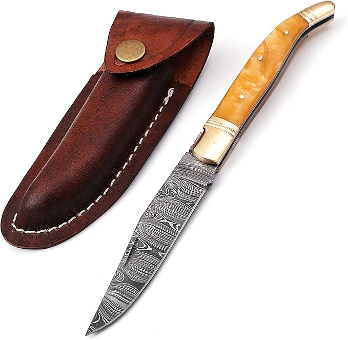 Laguiole Folding Damascus steel knife 8.5 Long with 4 hand forged custom twist pattern Blade. Beige color unshrinkable Raisen scale with brass bolster Cow hide leather sheath included