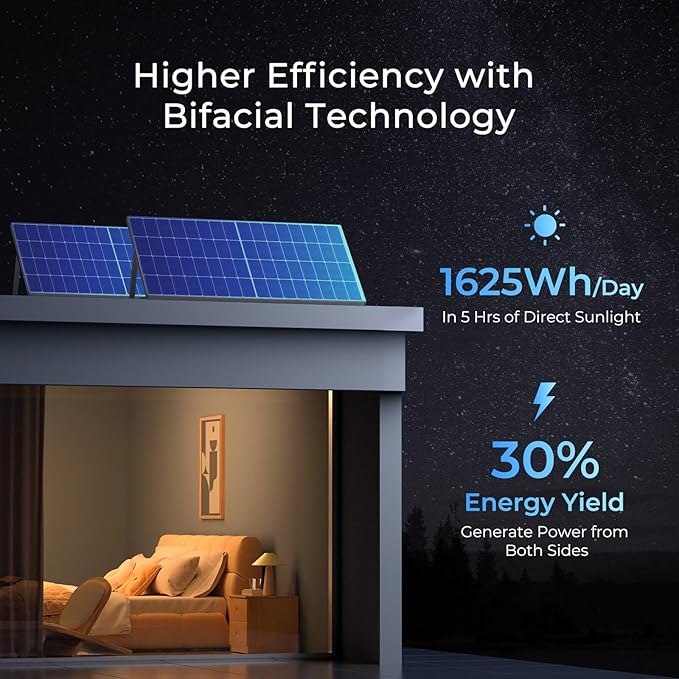 Renogy Bifacial Solar Panel 250W N-Type 16BB 250 Watt Solar Panel 12V Double-Side 25% High-Efficiency PV Module Power Charger for RV Marine Rooftop Farm Battery and Other Off-Grid Applications