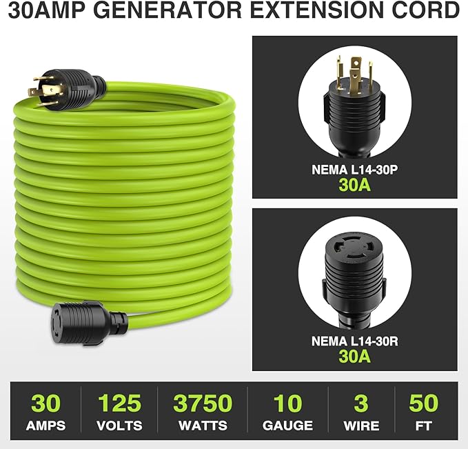 Nilight 50FT 30Amp Generator Extension Cord 125V Heavy Duty 10/3 Gauge Pure Copper STW Wire UL ETL Listed 4 Prong L14-30P L14-30R Weatherproof Suit for Camper Outdoor Use Bright Green