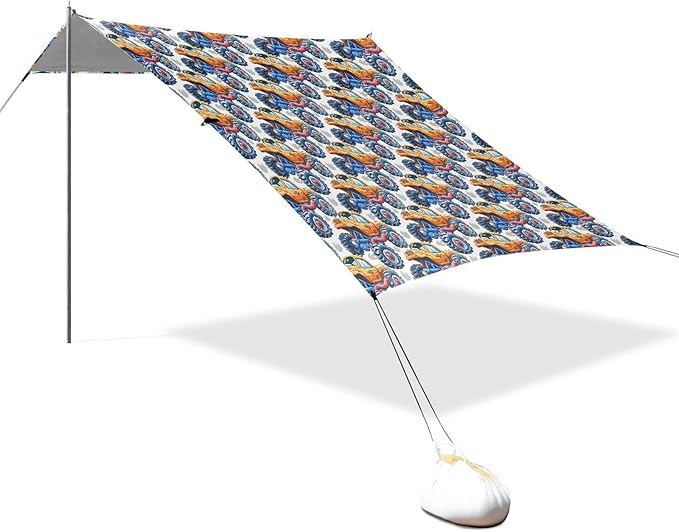 ALAZA Cartoon Monster Truck Beach Tent Sun Shelter UPF50+ Protection Beach Shade Canopy w/ 4 Sandbags for Outdoor Camping Fishing Backyard Fun Picnic 10x9 ft