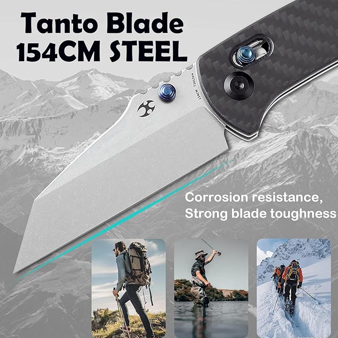 KANSEPT Main Street Pocket Folding Knife 3.36'' 154CM Sharp Steel Blade Twill Carbon Fiber Handle with Axis Lock and ThumbStud Perfect Clip for Camping Hiking Fishing Gift Everyday Carry T1015v4
