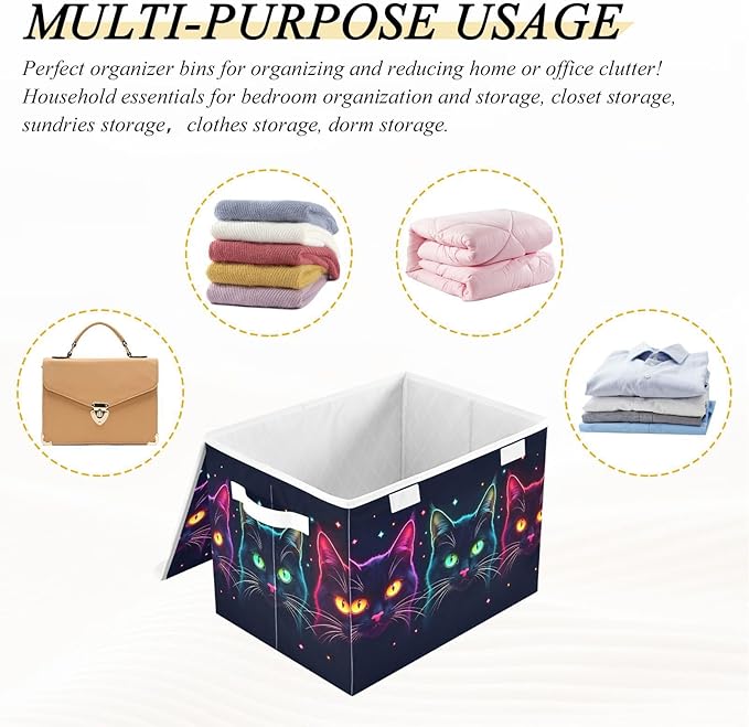 Storage Cube with Lid Cats Neon Print 16.5×12.6×11.8 IN Collapsible Large Capacity Foldable Storage Basket Bin Organizer