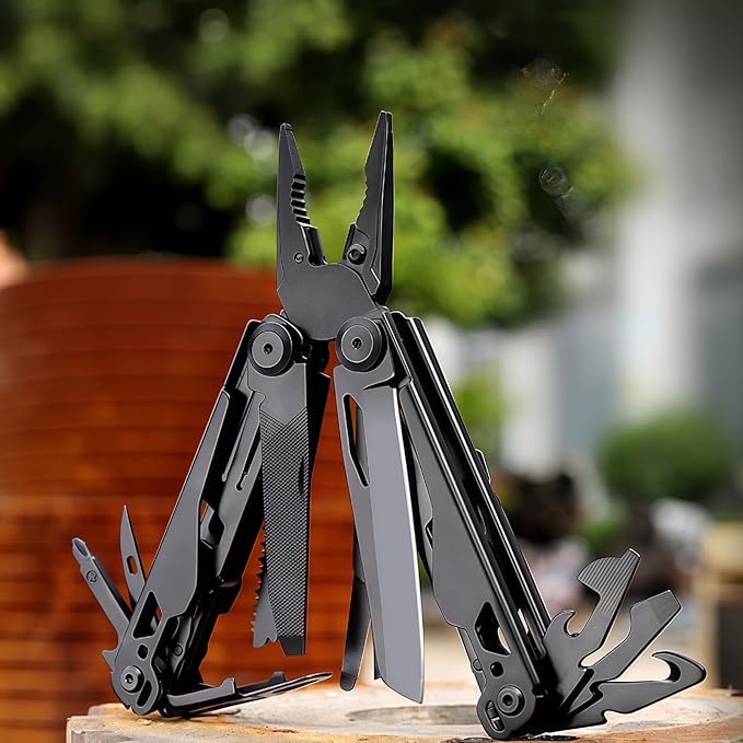 Multitool 15-in-1 Full-Size Lightweight EDC Multi-Purpose Pliers Nylon Bag Camping Knives &amp Tools Tactical Outdoor Gear Mens Gifts Ideas Gifts for Hunters Men who have Everything (Black)