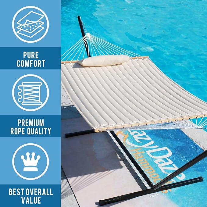 Lazy Daze Hammocks 12 FT Double Quilted Fabric Hammock with Spreader Bar and Detachable Pillow 2 Person Hammock for Outdoor Patio Backyard Poolside 450lbs Weight Capacity Natural