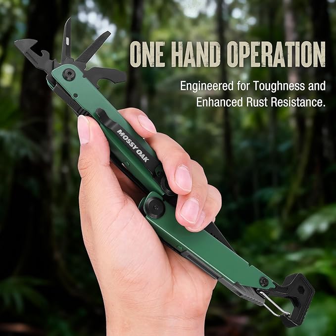 MOSSY OAK CNC-Machined Multitool Pliers 27-in-1 Multi Tool with Pocket Knife Fire Starter &amp Whistle Bottle Opener Screwdriver – Self-Locking Survival Tool for Camping &amp Hiking