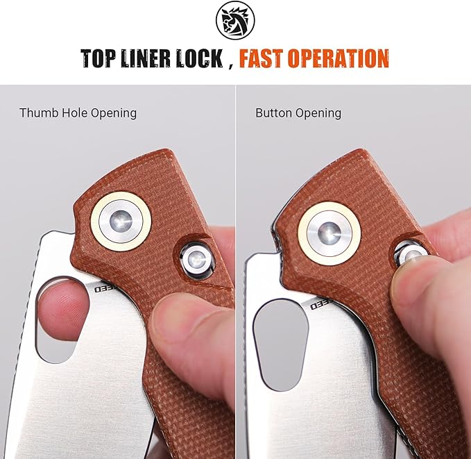 Vosteed EDC Knife 2.99 Sandvik 14C28N Steel Wider Blade Top Liner Lock Brown Micarta Handle Folding Pocket Knives with Clip for Men &amp Women Camping Fishing - Porcupine - A2604