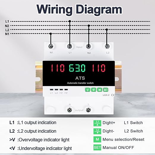 100A 120V Automatic/Manual Generator Transfer Switch DIN Rail Mount 110V for Generator Backup Power &amp Gas Furnace 50/60Hz LED Display CE Certified