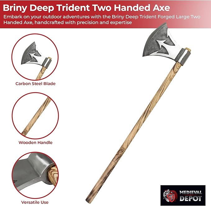 MedievalDepot Briny Deep Trident Forged Two-Handed Combat Axe - Overall 42 - Carbon Steel Blade - Rosewood Handle