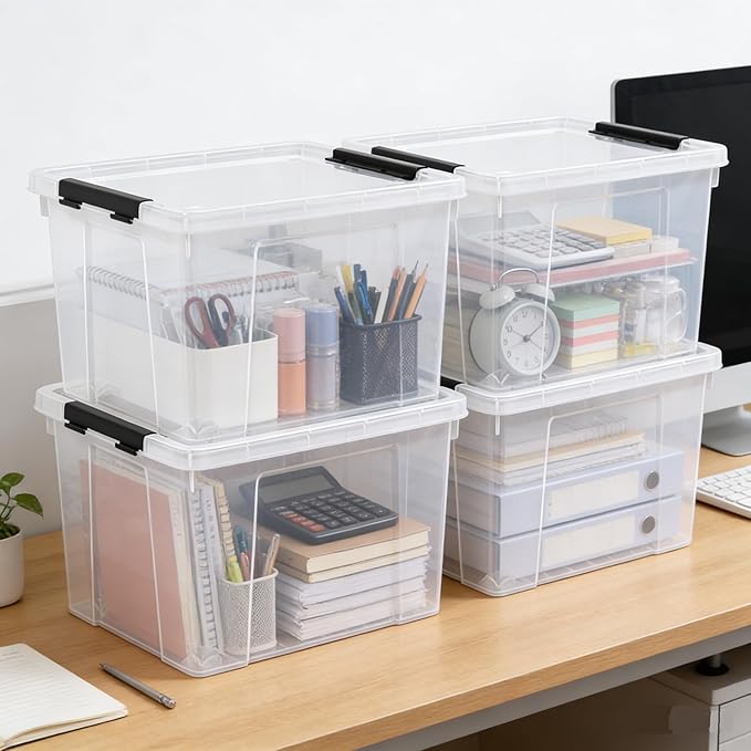 22 Qt Stackable Plastic Storage Bins with Lids 4 Pack BPA-Free See-Through Organizing Solution Latches Box Durable Nestable Containers Clear