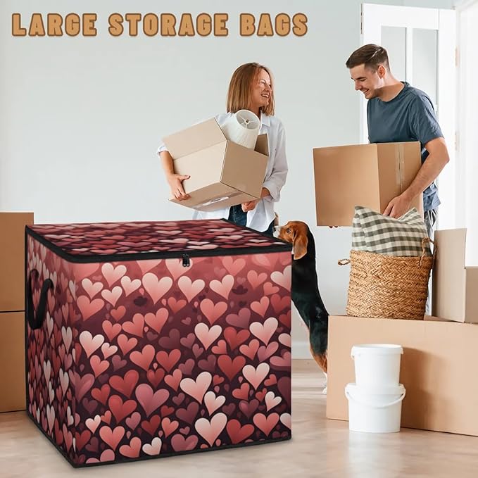 XL Large Clothes Storage with Lid Handle Valentine's Day Heart Large Thick Clothes Blanket Storage Containers for Organizing