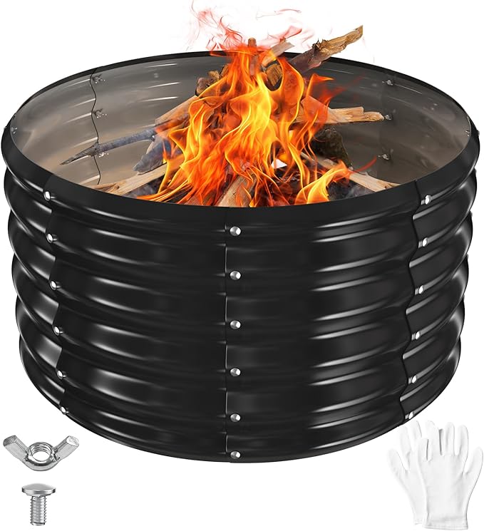 YSEJOMP 32 Inch Round Galvanized Fire Pit Ring/Fire Ring - Foldable and Perfect for Outdoor Gatherings and Campfires in The Yard/Garden/Park/Beach (Black+Gray 2.7 FT Diameter+1.5 FT Tall)