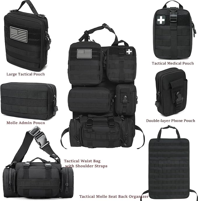 6 Pack Tactical Molle Car Seat Back Organizer - Tactical Vehicle Panel Organizer with 5 Detachable Molle PouchUS Flag Patch and KeychainGreat Trunk Accessories for Man