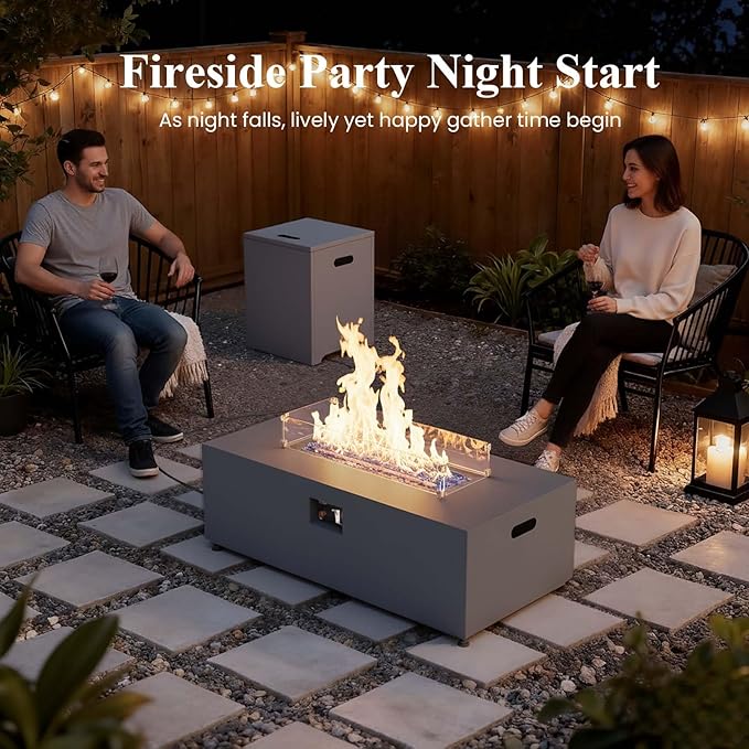 LayinSun 42 Inch Outdoor Fire Pit Table for Outside Patio 55000BTU Rectangle Propane Firepit with Hidden Fuel Tank Glass Wind Guard Waterproof Cover and Lid
