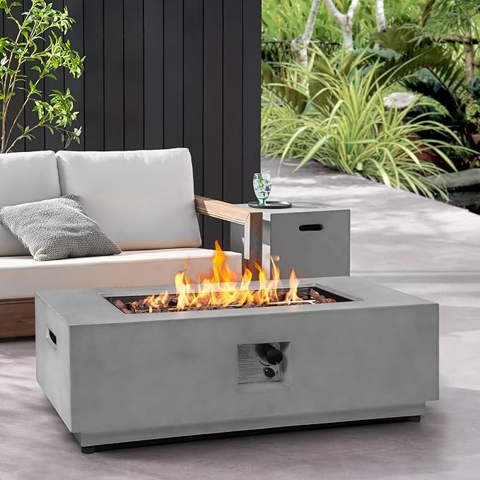 2-Piece Outdoor Propane Fire Pit Table Set w/Tank Cover Table 42inch 50000 BTU Rectangle Concrete Firepit SUS201 Burner with Steel Lid Lava Rocks Rain Cover
