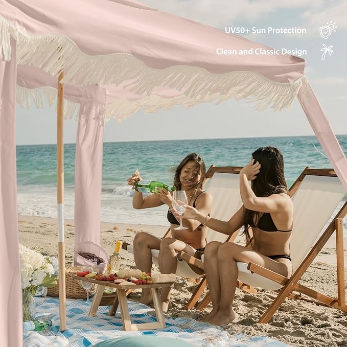 AMMSUN Beach Cabana with Fringe 6.5' x 6.5' Boho Beach Canopy with Tassels Easy Set up &amp Premium Wood Pole Cabana Tent with Sand Pockets Instant Sun Shade for Sand Garden Patio Pink Coral