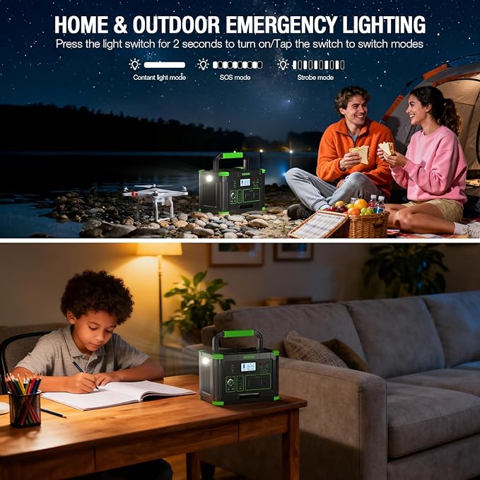 1000W Portable Power Station 999Wh Solar Generator Backup Battery with Pure Sine Wave Solar/AC/Car Chargable for Camping RV Home Emergency &amp Outdoor Adventures