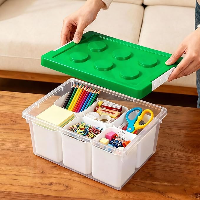 loobuu Plastic Storage Bins with Lids Art Craft Supply Organizer Box with Brush Pot Multipurpose Stackable Storage Containers for Organizing Tool Craft CrayonSewing (Green)