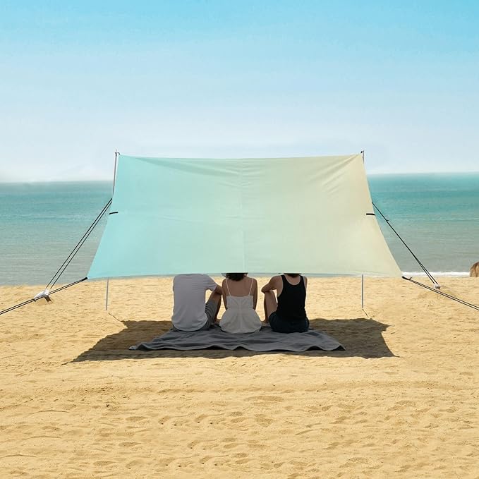 Blue Yellow Gradient Foldable Beach Canopy UPF50+ Protection Water-Resistant Sun Shelter with Sandbags &amp Sand Shovel for Camping Picnics Backyard &amp Fishing