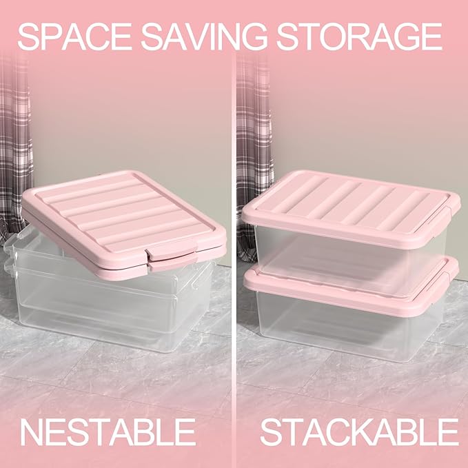 Set of 2 Clear Plastic Storage Organizer Bins with Pink Lids 14 Quart Versatile Organizer Container Boxes for Home Office and Garage