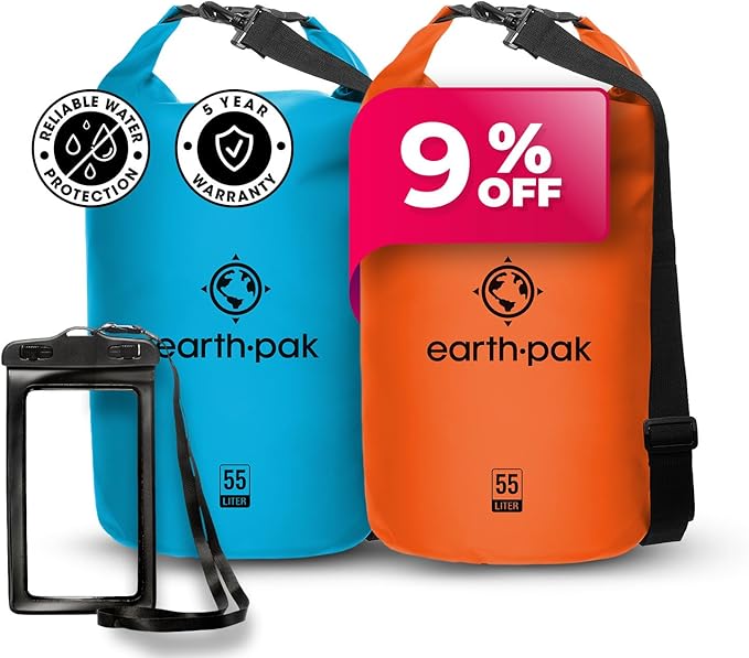Earth Pak Waterproof Dry Bag - Roll Top Waterproof Backpack Sack (Light Blue 55L &amp Orange 55L)