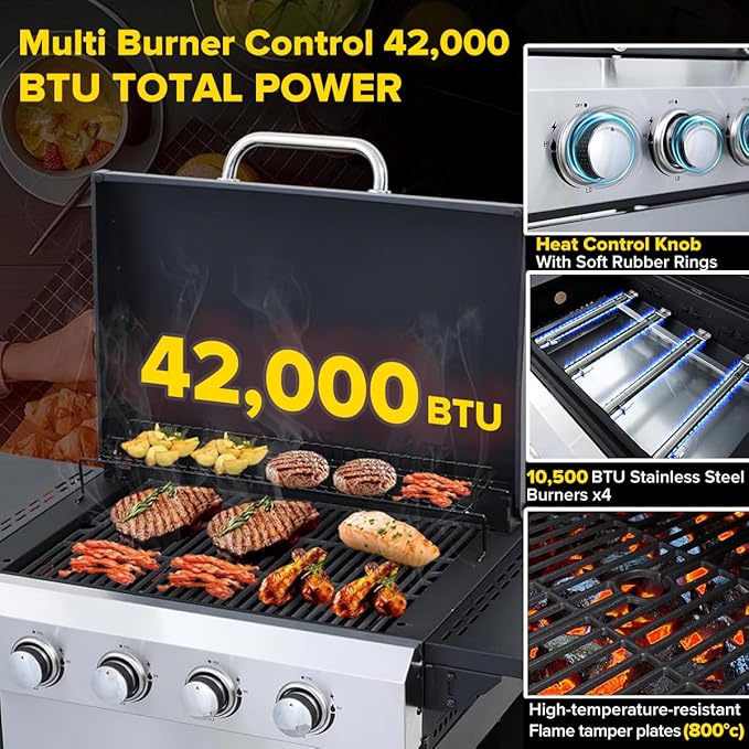 CIG GARDEN 4-Burner Propane Flat Top Grill 42000 BTU Stainless Steel Commercial-Style Griddle for Patio Backyard Camping &amp Outdoor BBQ