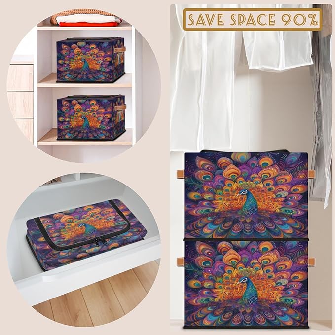 Peacock Storage Box with Lid Watercolor Feather Collapsible Storage Bins Baskets Cubes Closet Shelf Clothes Organizer Containers with PU Leather Handles