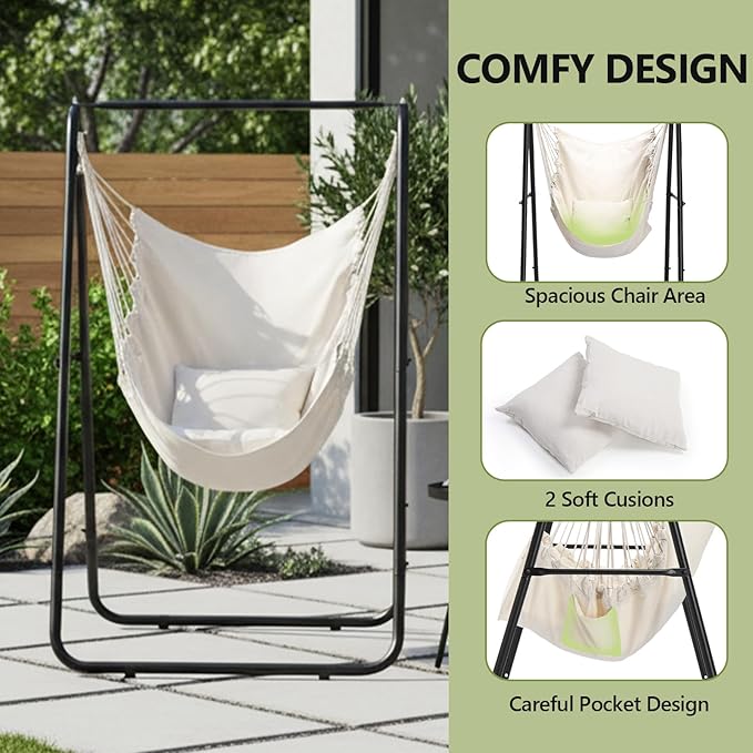 ONCLOUD 600LBS Heavy-Duty Hammock Chair with Stand Steel Hanging Chair Stand with Hook &amp Pillows Durable Swing Stand for Indoor Outdoor Weather Resistant Support Base Black (Hammock w/Stand)